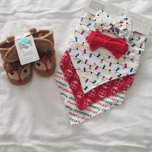 Hudson Baby Baby Girl Bib/Bow Set AND Reindeer Fleece Booties